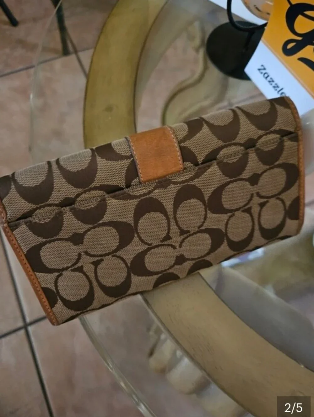 Coach Signature C Canvas Tan Genuine Leather Stripe Full-size Snap Wallet